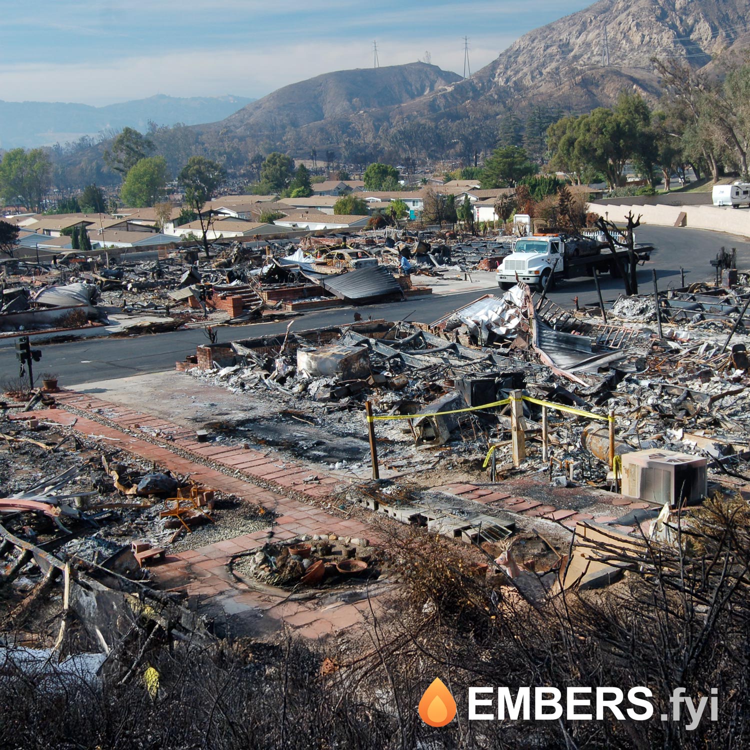 Aftermath of a mobile‑home park destroyed by wildfire in Sylmar, California